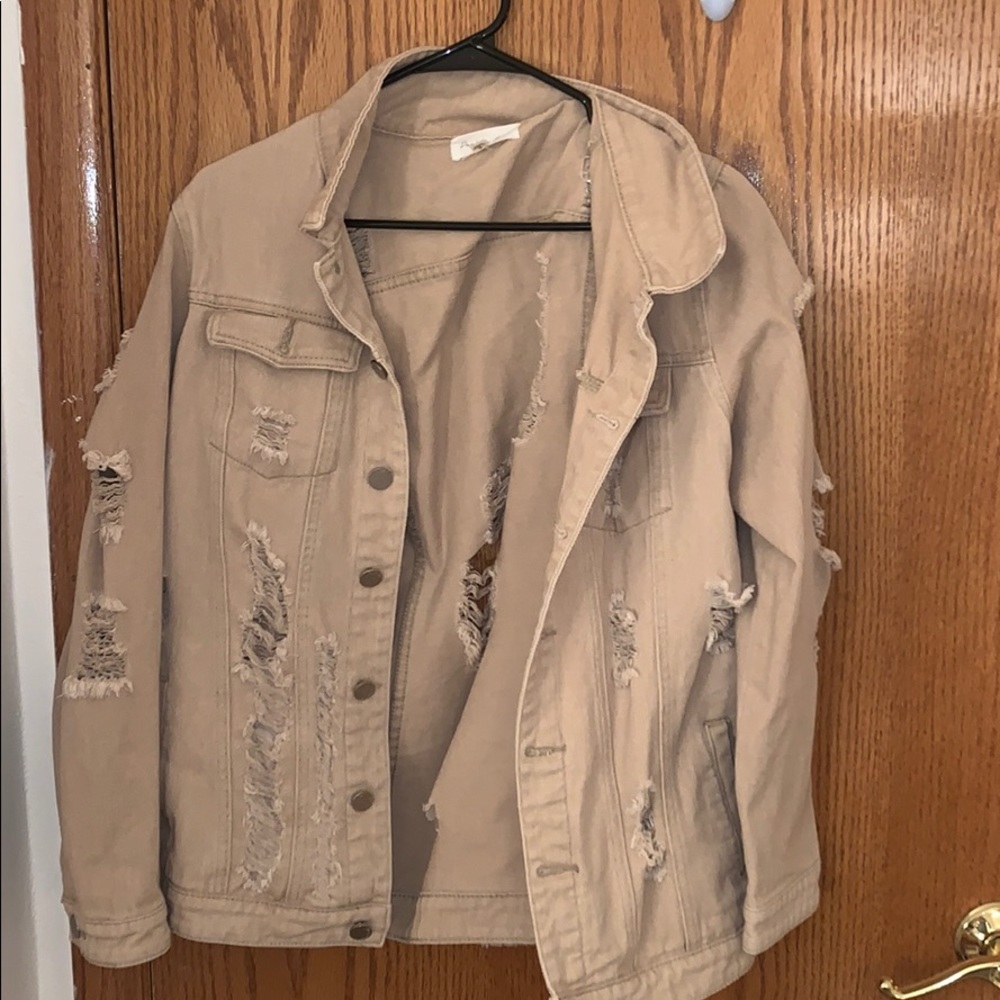Tan Oversized Distressed Denim Jacket